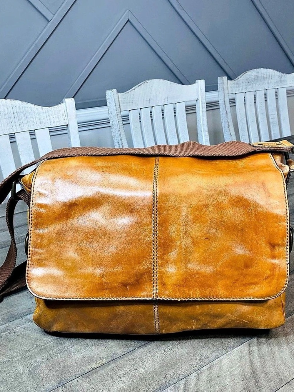 Vintage Fossil Men's Cognac Leather Messenger Bag Crossbody Laptop Briefcase